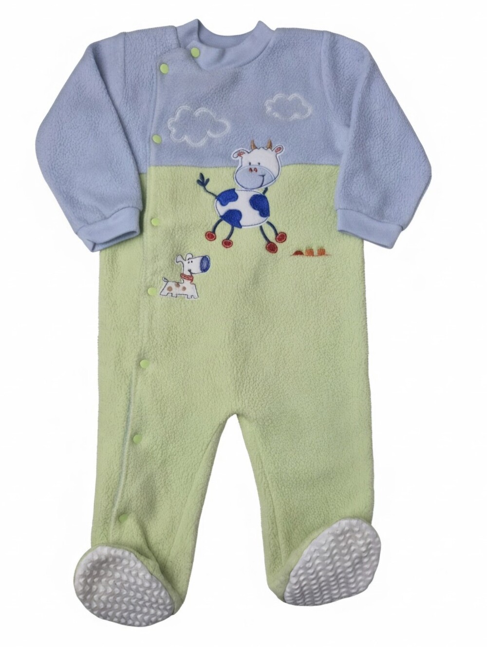 Vintage Y2K Little Me Baby Fleece Footie Sleeper Cow Dog Green Blue 12M